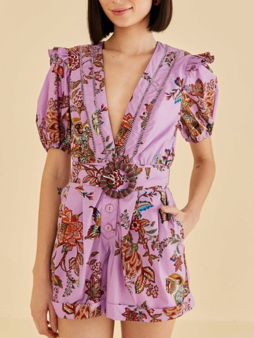 FARM Rio Floral Monkey Print Puff-Sleeve Romper
